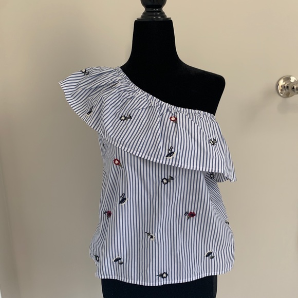 Blue and White Striped One Shoulder Top - Picture 1 of 3